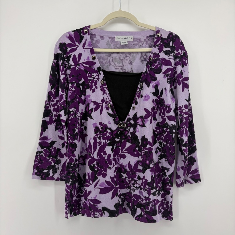 Sag‎ Harbor Womens Large Purple Floral Sweater 3/4 Sleeve Beaded V-Neck Top